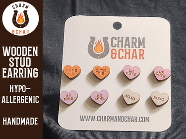 Candy Heart Wood Stud Earrings - Valentine's Day Fashion Earring Set - Stud Earring - Charm and Char